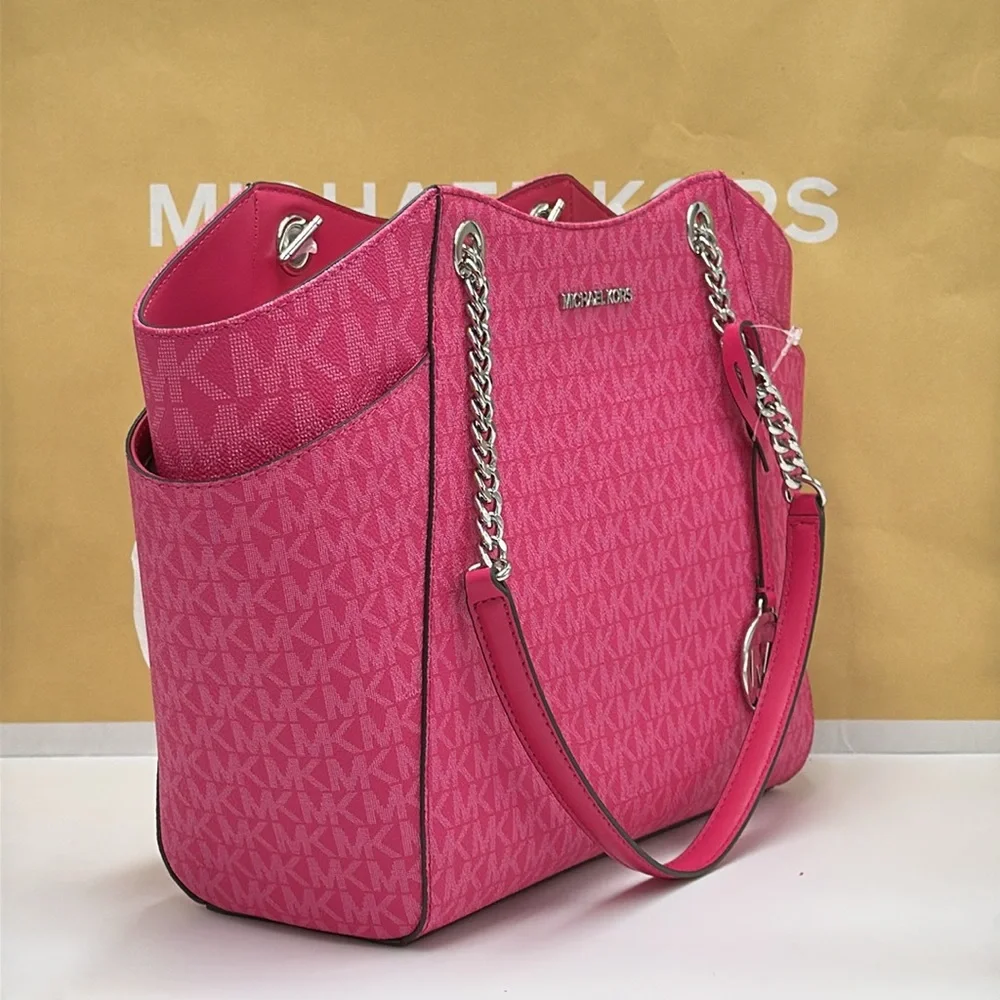 MICHAEL KORS  Jet Set Travel Large Signature Chain Shoulder Tote Bag Dragonfruit - Picture 5 of 14